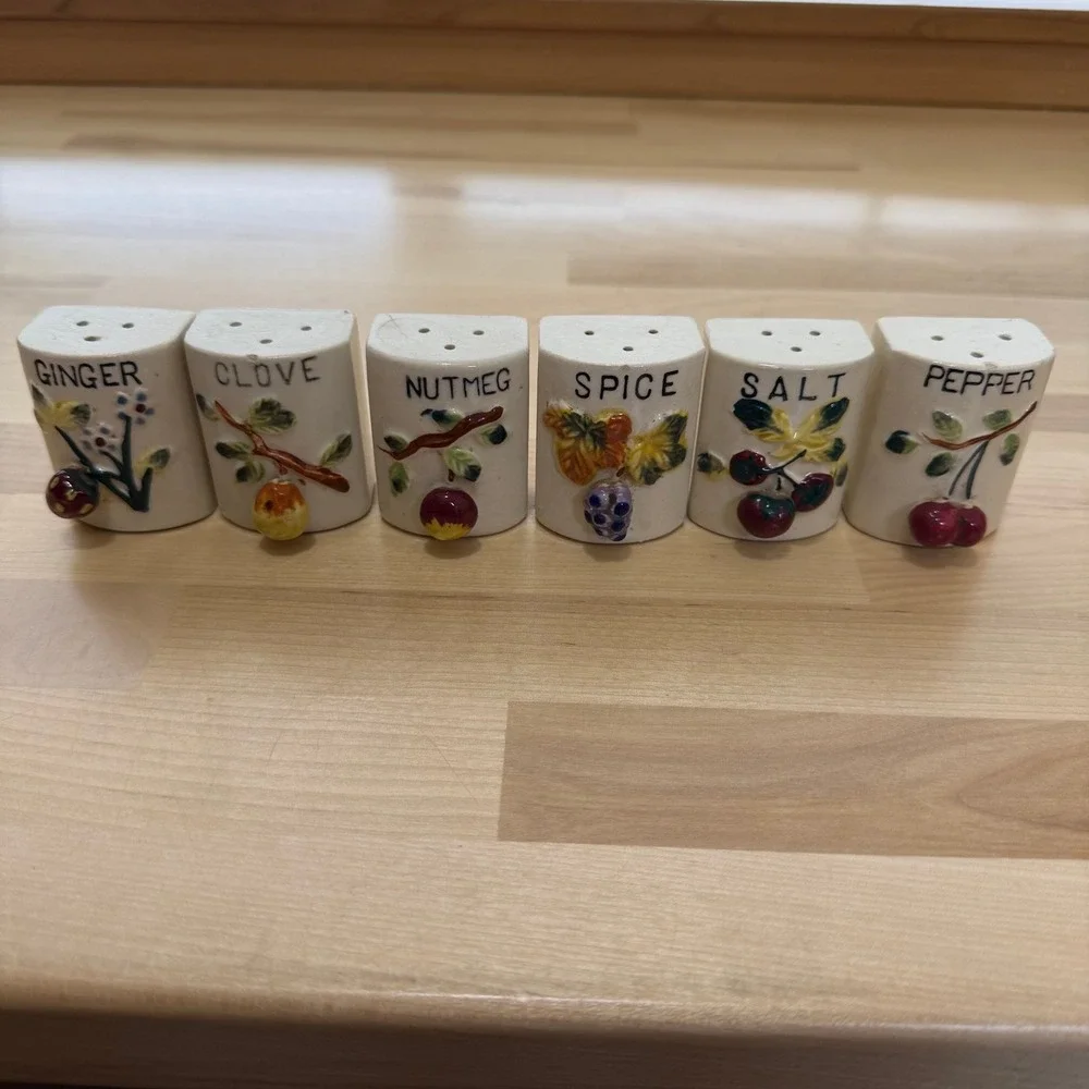 Vintage 50s Japanese Ceramic Hand Painted Fruit Motif Spice Shaker Set Six (6)‎